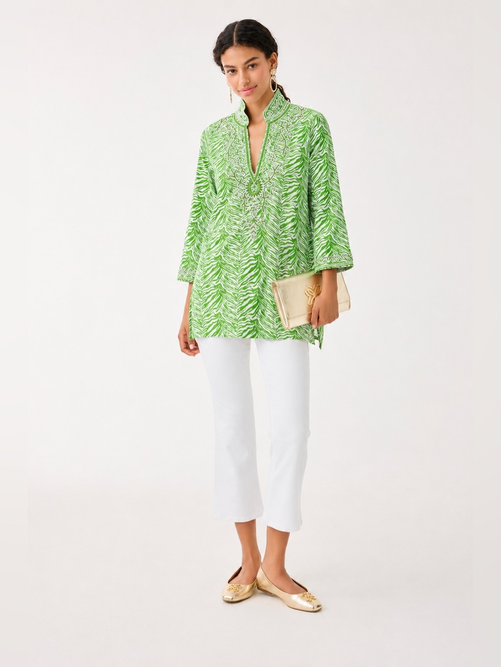 Barbara Gerwit 100% Cotton Beaded Embellished Long Sleeve Tunic Top Shirt 263